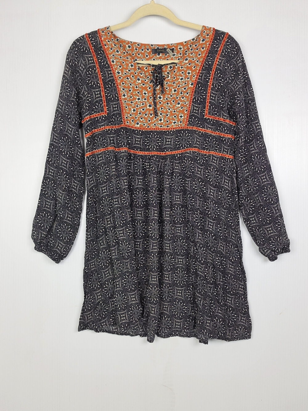 THML Long Sleeve Boho Cottagecore Tunic Dress in Black and Orange